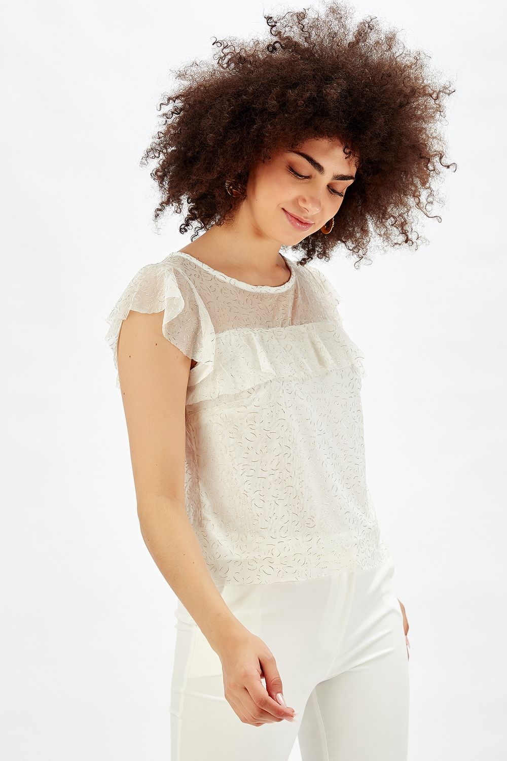 SNS Sense Ecru Varak Printed Ruffled Mini Sleeve Evening Blouse - Arles