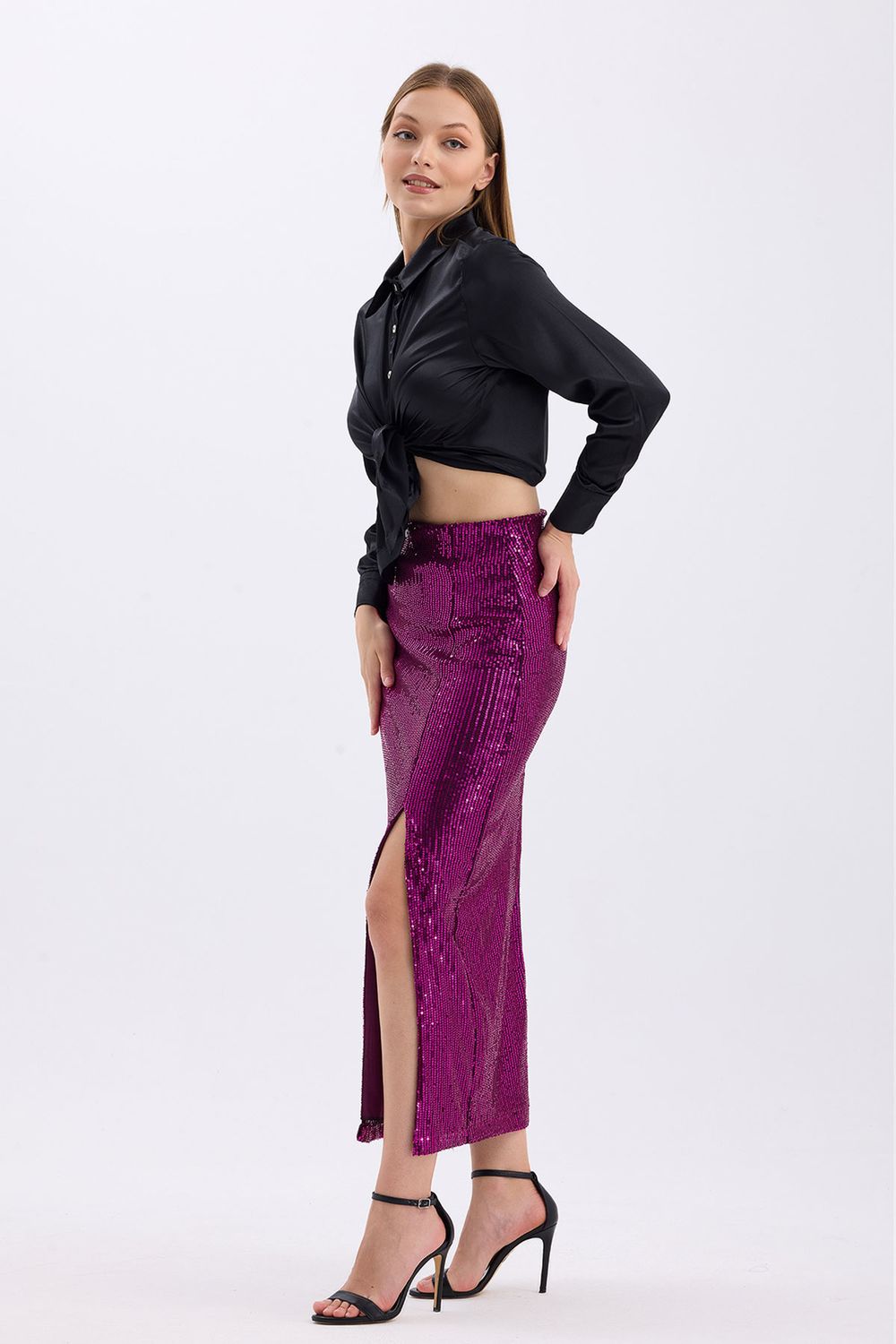 SNS Fuchsia High-Waisted Sequined Evening Skirt with Elastic Waistband and Lining - Erftstadt