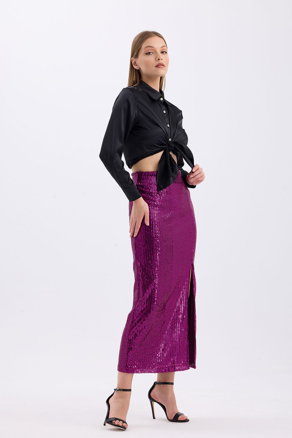 SNS Fuchsia High-Waisted Sequined Evening Skirt with Elastic Waistband and Lining - Erftstadt