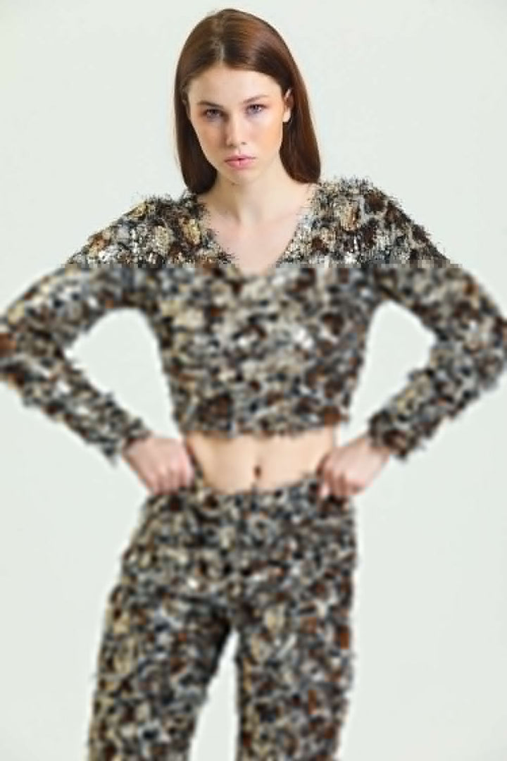 SNS Sense Gold-Coffee Bearded Sequin Evening Blouse - Como