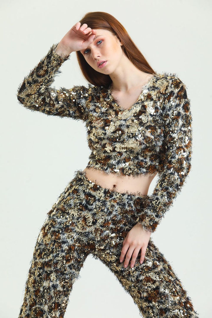 SNS Sense Gold-Coffee Bearded Sequin Evening Blouse - Como