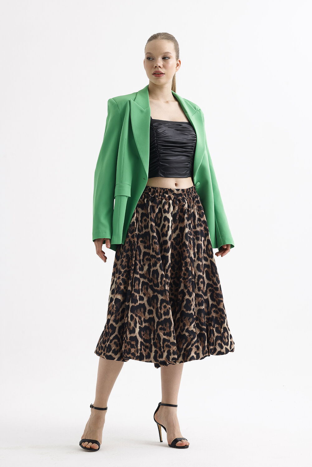 SNS Sense Coffee Black Leopard Waist Elastic Leopard Patterned Below Knee Flared Skirt - Kostiantynivka