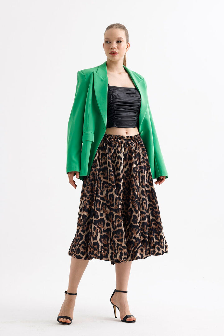 SNS Sense Coffee Black Leopard Waist Elastic Leopard Patterned Below Knee Flared Skirt - Kostiantynivka