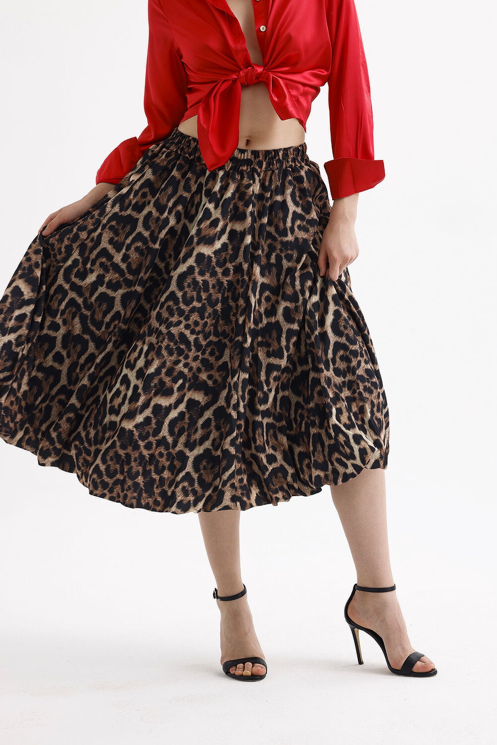 SNS Sense Coffee Black Leopard Waist Elastic Leopard Patterned Below Knee Flared Skirt - Kostiantynivka