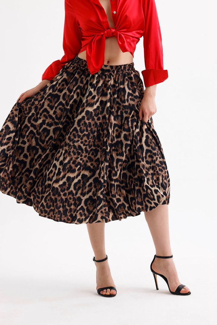 SNS Sense Coffee Black Leopard Waist Elastic Leopard Patterned Below Knee Flared Skirt - Kostiantynivka