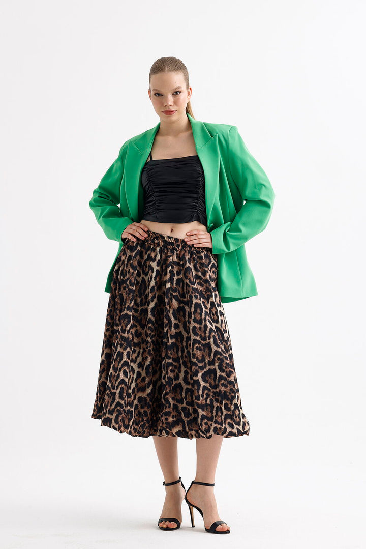 SNS Sense Coffee Black Leopard Waist Elastic Leopard Patterned Below Knee Flared Skirt - Kostiantynivka