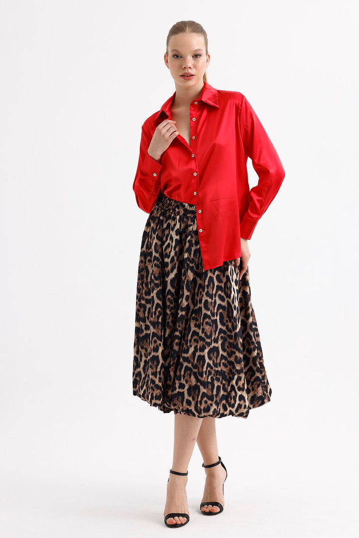 SNS Sense Coffee Black Leopard Waist Elastic Leopard Patterned Below Knee Flared Skirt - Kostiantynivka