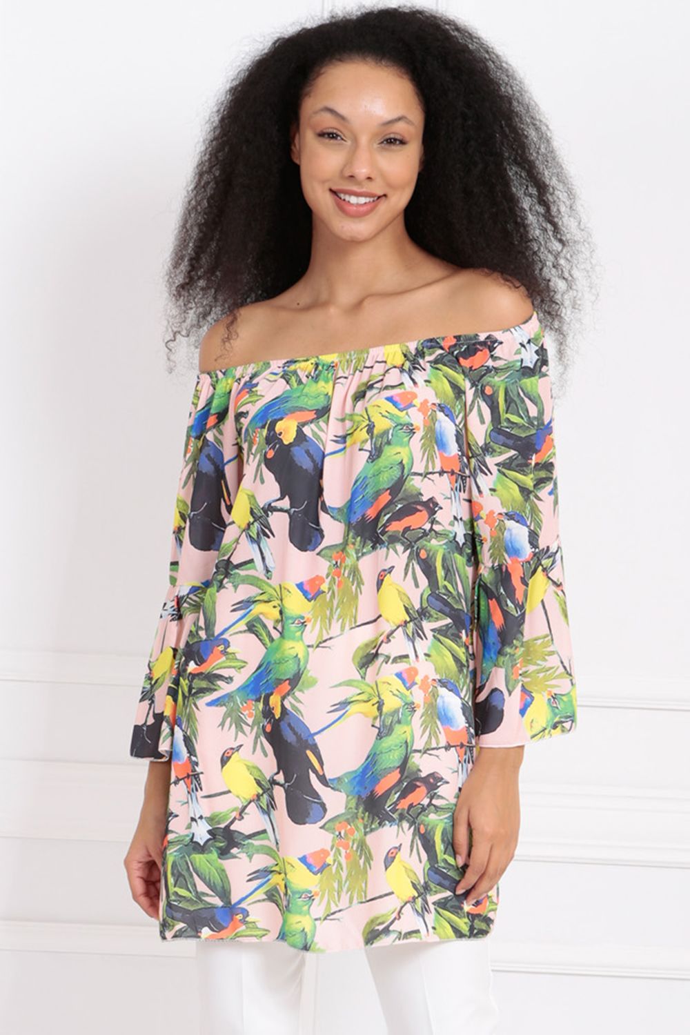 SNS Blouse with Bird Patterned Belted Collar Elasticized Hem - Chesapeake