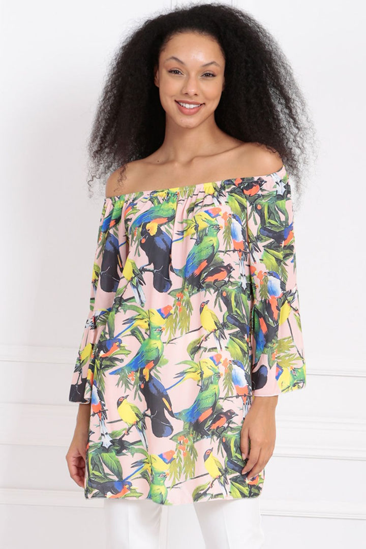 SNS Blouse with Bird Patterned Belted Collar Elasticized Hem - Chesapeake