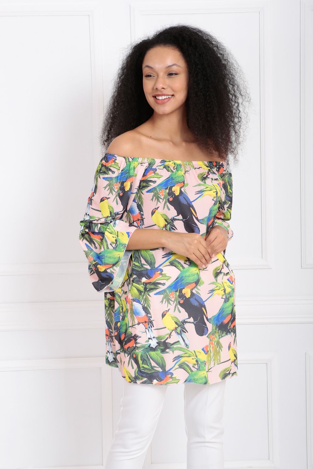 SNS Blouse with Bird Patterned Belted Collar Elasticized Hem - Chesapeake