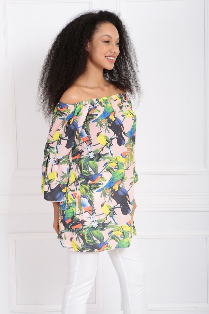 SNS Blouse with Bird Patterned Belted Collar Elasticized Hem - Chesapeake