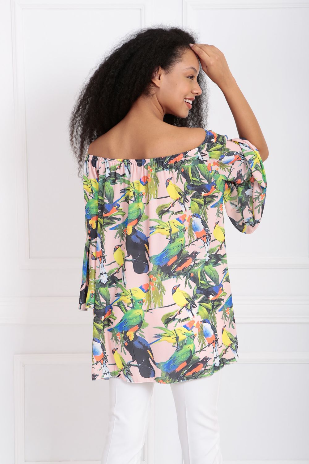 SNS Blouse with Bird Patterned Belted Collar Elasticized Hem - Chesapeake