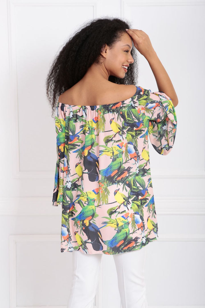 SNS Blouse with Bird Patterned Belted Collar Elasticized Hem - Chesapeake