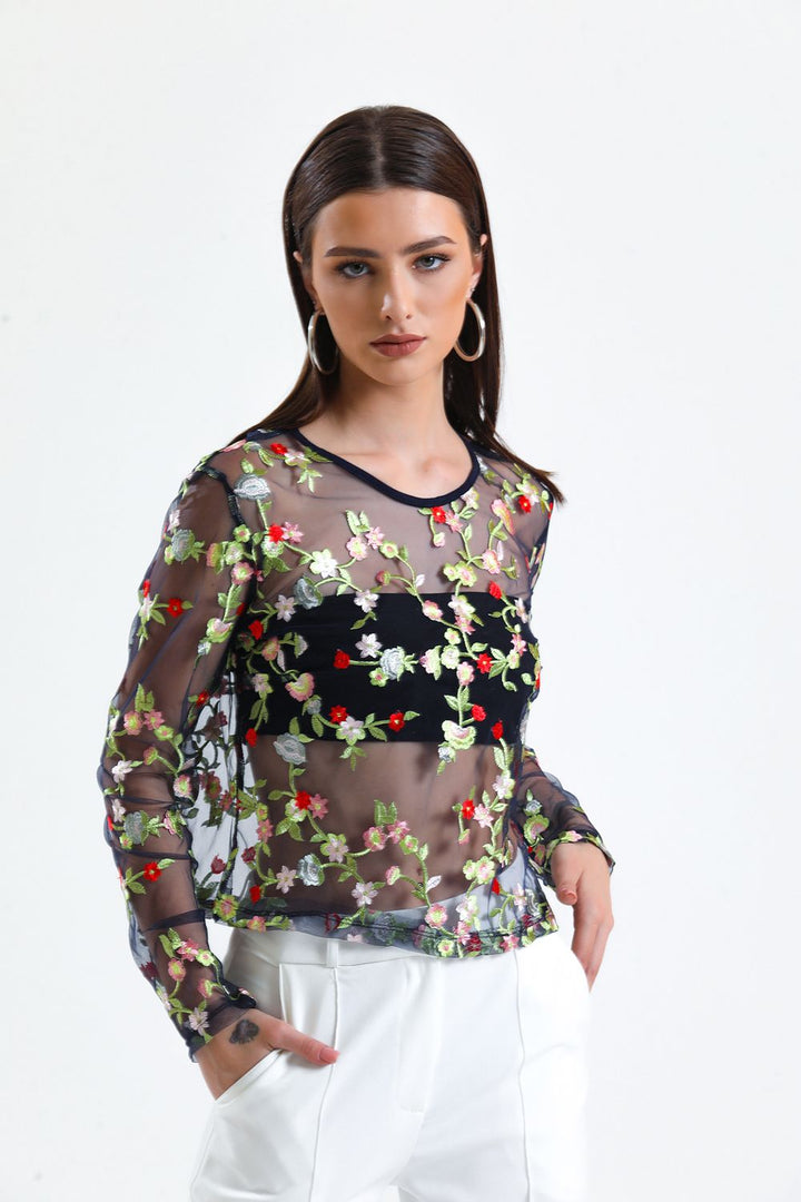 SNS Sense Navy Blue Embroidered Sheer Blouse - Las Rozas de Madrid