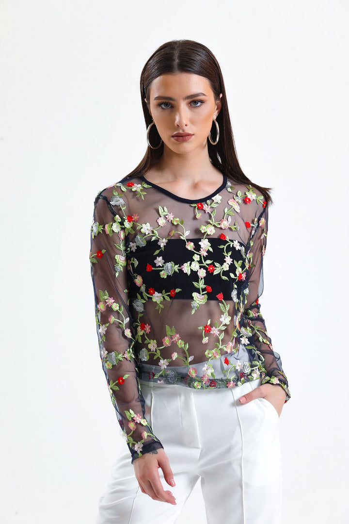 SNS Sense Navy Blue Embroidered Sheer Blouse - Las Rozas de Madrid