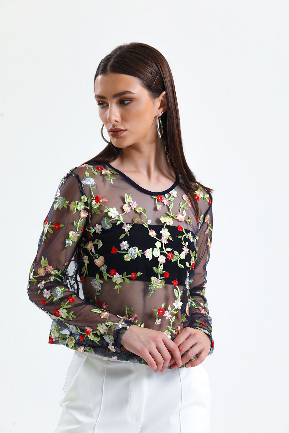 SNS Sense Navy Blue Embroidered Sheer Blouse - Las Rozas de Madrid