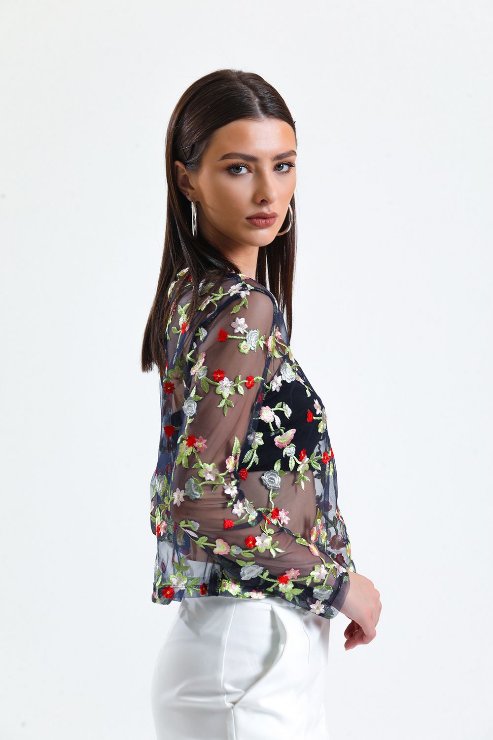 SNS Sense Navy Blue Embroidered Sheer Blouse - Las Rozas de Madrid