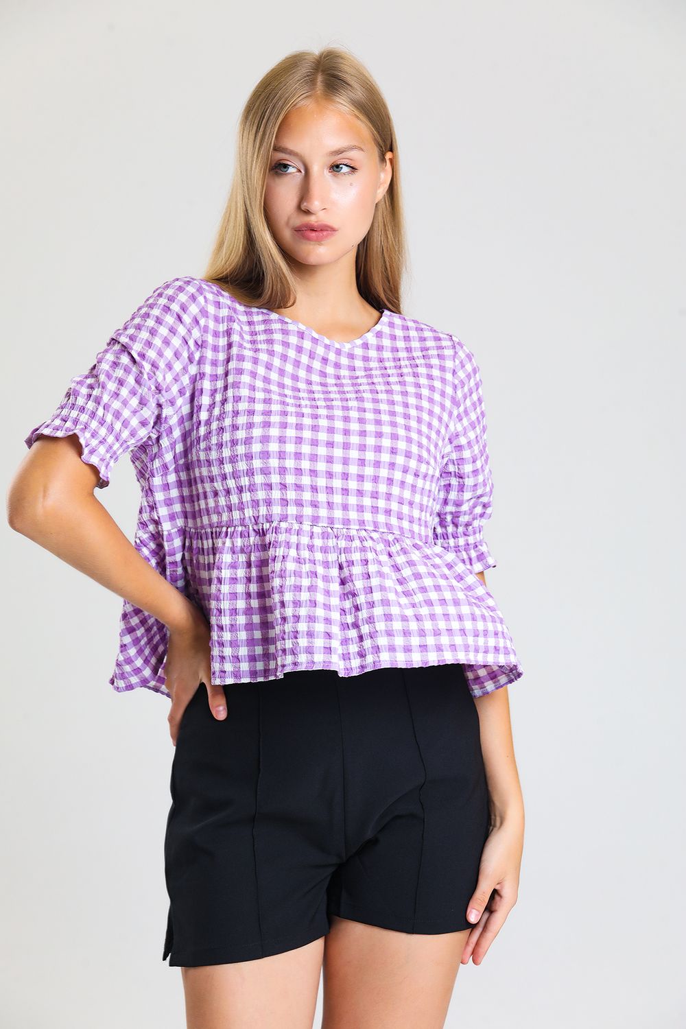 SNS Sense Lilac Back Buttoned Short Sleeve Waffle Blouse - Collierville