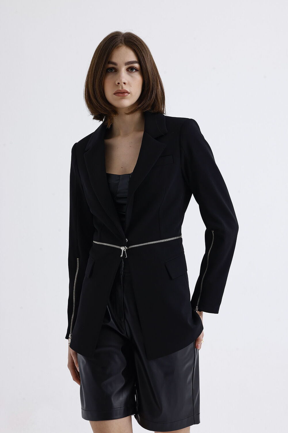 SNS Sense Black Lined Waist and Sleeves Metal Zippered Scuba Crepe Jacket - Camarillo