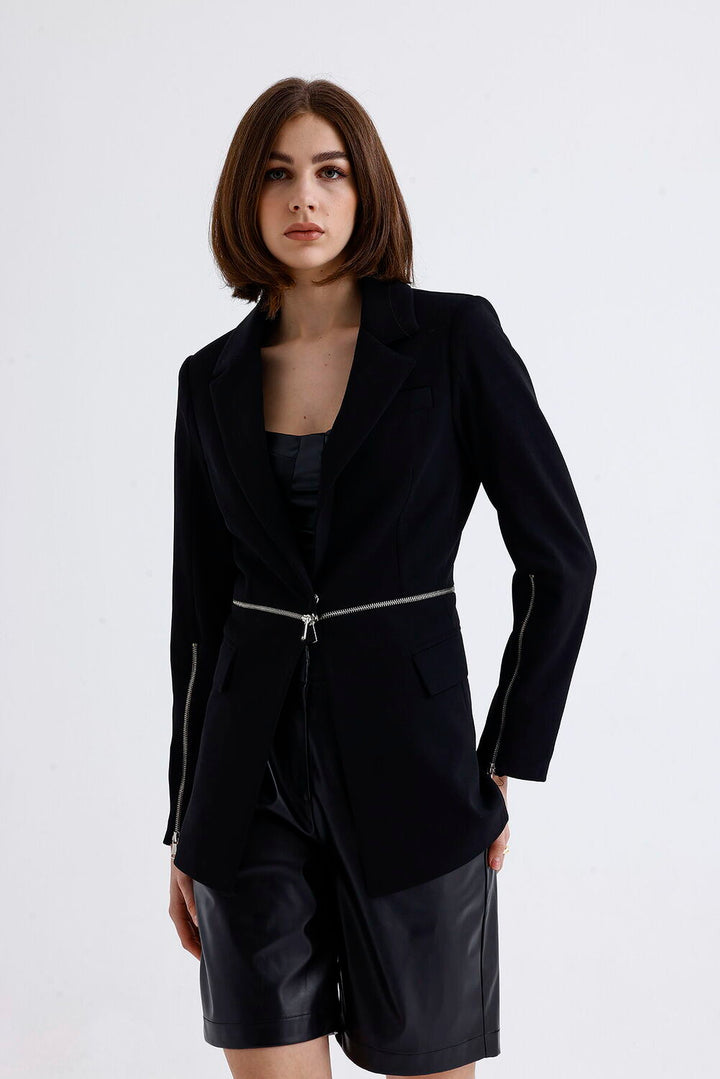 SNS Sense Black Lined Waist and Sleeves Metal Zippered Scuba Crepe Jacket - Camarillo