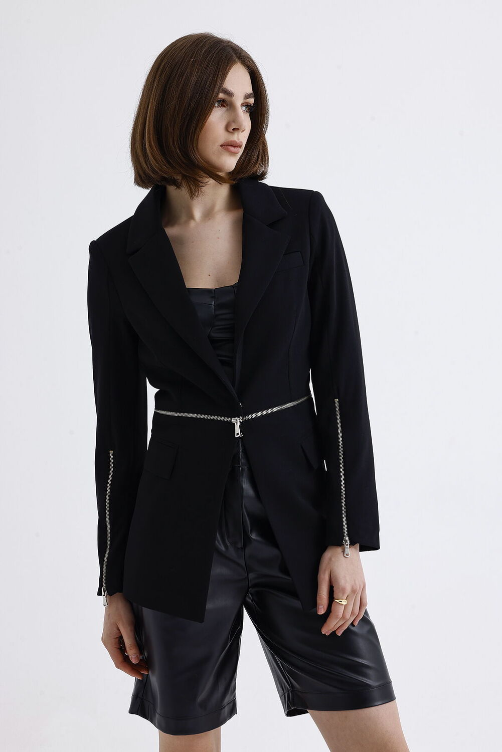 SNS Sense Black Lined Waist and Sleeves Metal Zippered Scuba Crepe Jacket - Camarillo