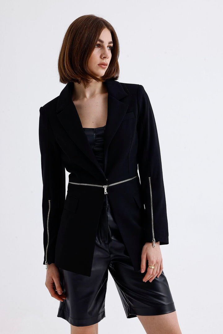 SNS Sense Black Lined Waist and Sleeves Metal Zippered Scuba Crepe Jacket - Camarillo