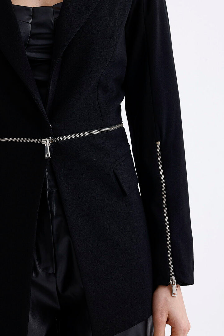 SNS Sense Black Lined Waist and Sleeves Metal Zippered Scuba Crepe Jacket - Camarillo