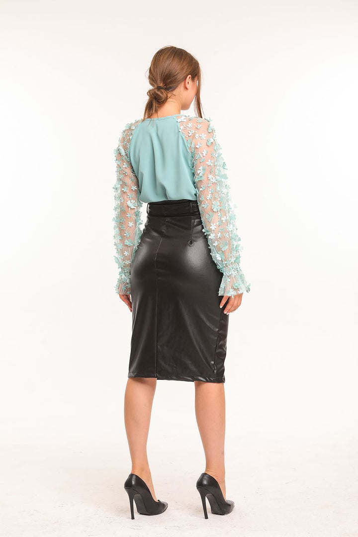 SNS Sense Black Belted Front Buttoned Leather Skirt - Lokeren