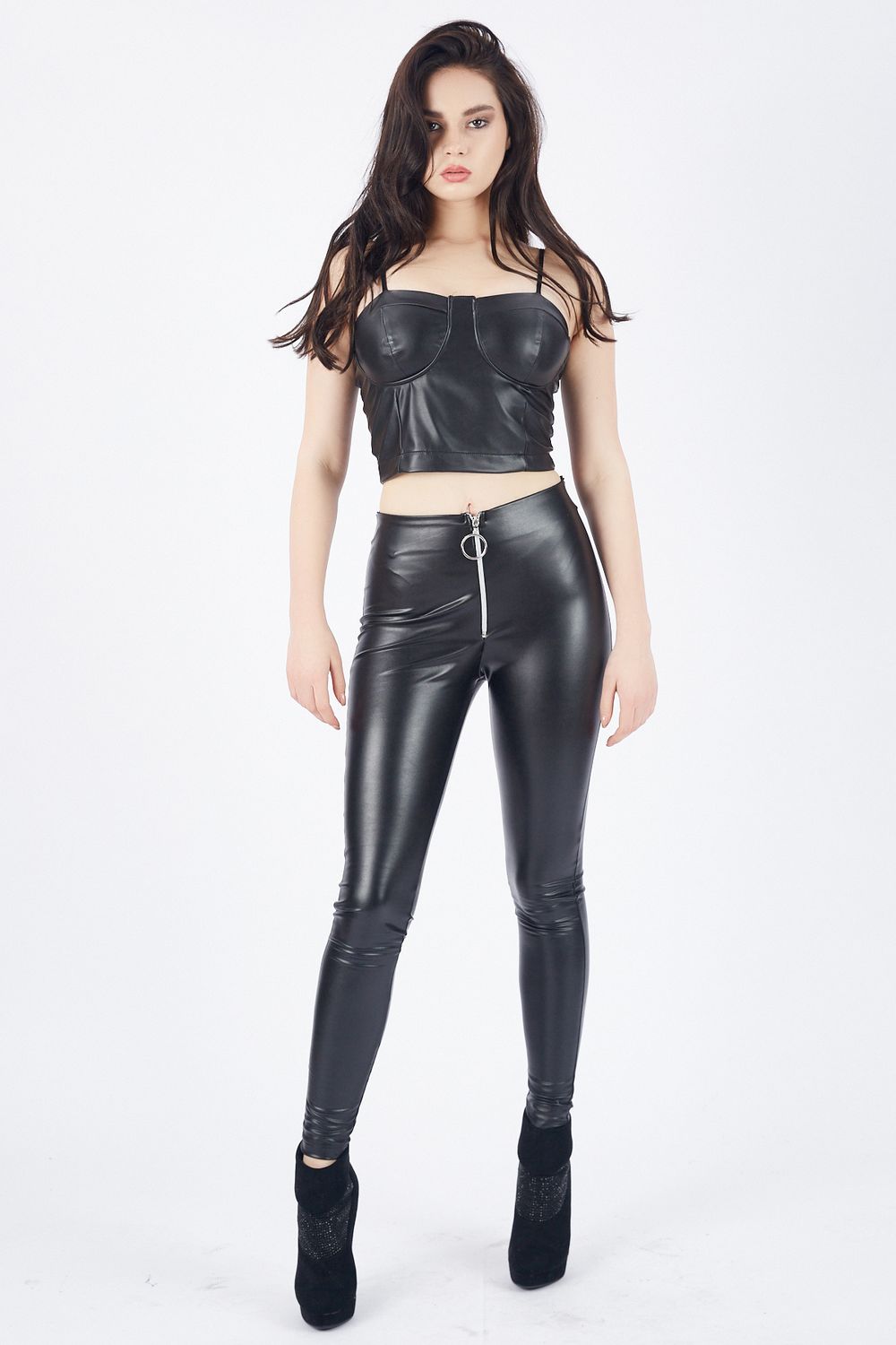 SNS Sense Black High Waist Silver Zippered Leather Leggings - Bellingham