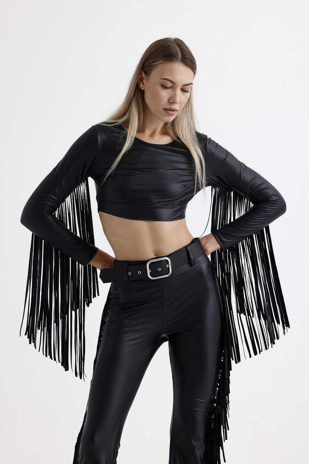 SNS Sense Black Crop Top with Tassel Detail Long Sleeve Faux Leather Blouse - Andover