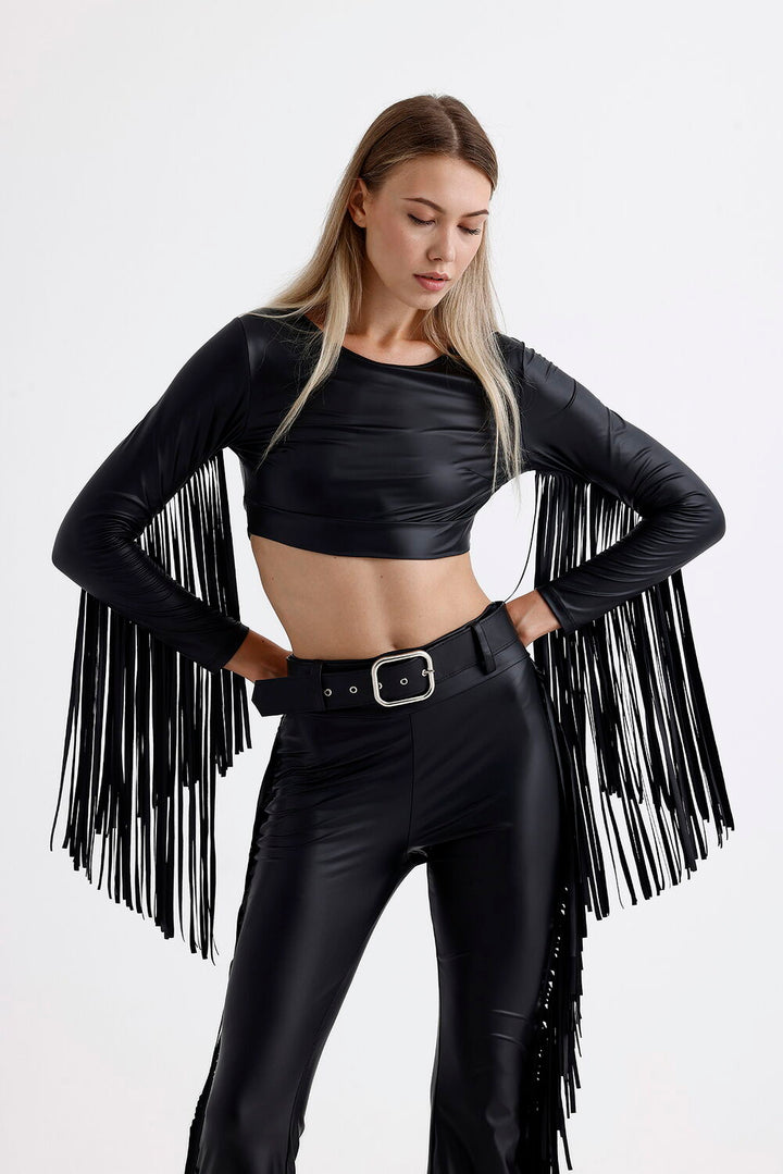 SNS Sense Black Crop Top with Tassel Detail Long Sleeve Faux Leather Blouse - Andover