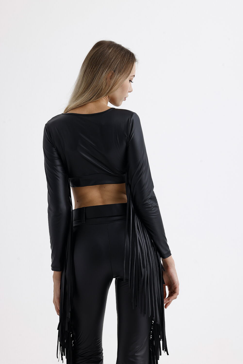 SNS Sense Black Crop Top with Tassel Detail Long Sleeve Faux Leather Blouse - Andover