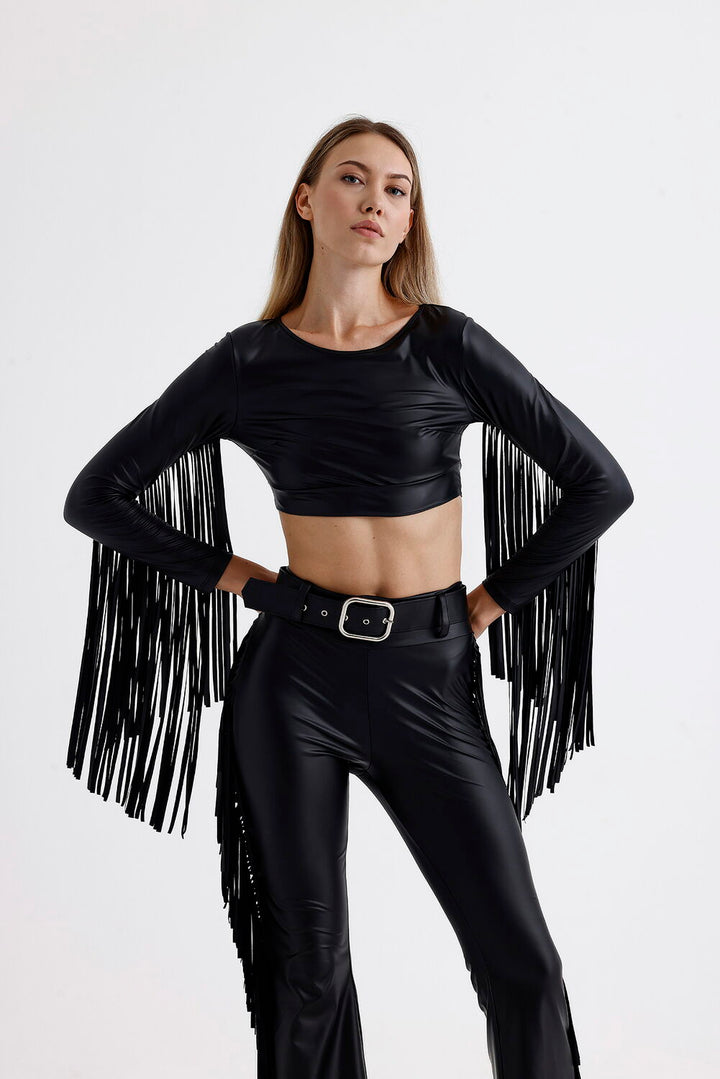 SNS Sense Black Crop Top with Tassel Detail Long Sleeve Faux Leather Blouse - Andover