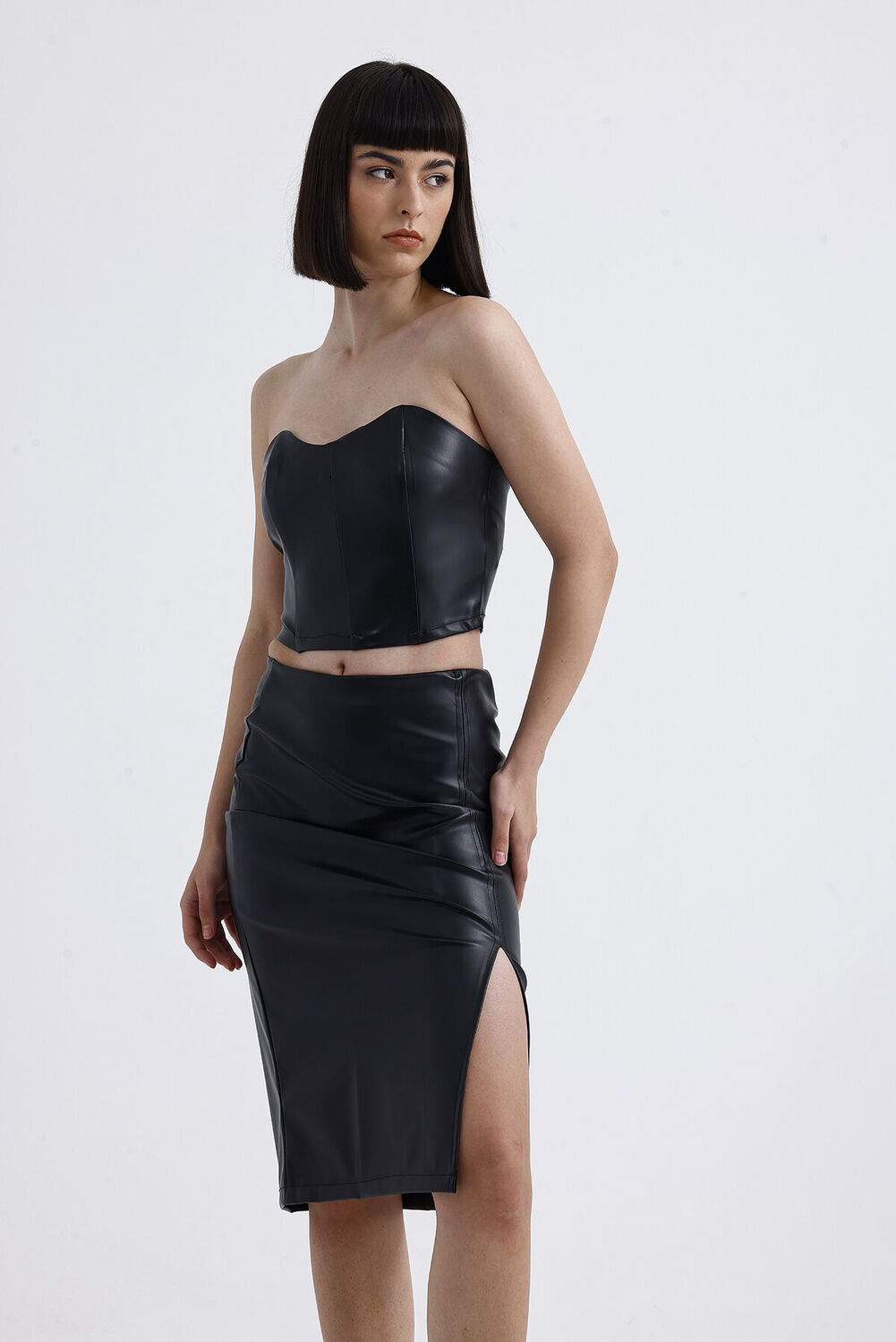 SNS Sense Black Elastic Waist Faux Leather Pencil Skirt - Bridgwater