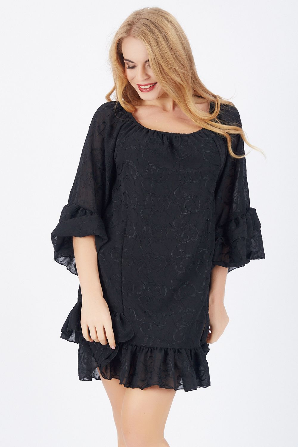 SNS Sense Black Skirt Tip 2 Layers Sleeves 2 Layers Lined Chiffon Dress - Solingen