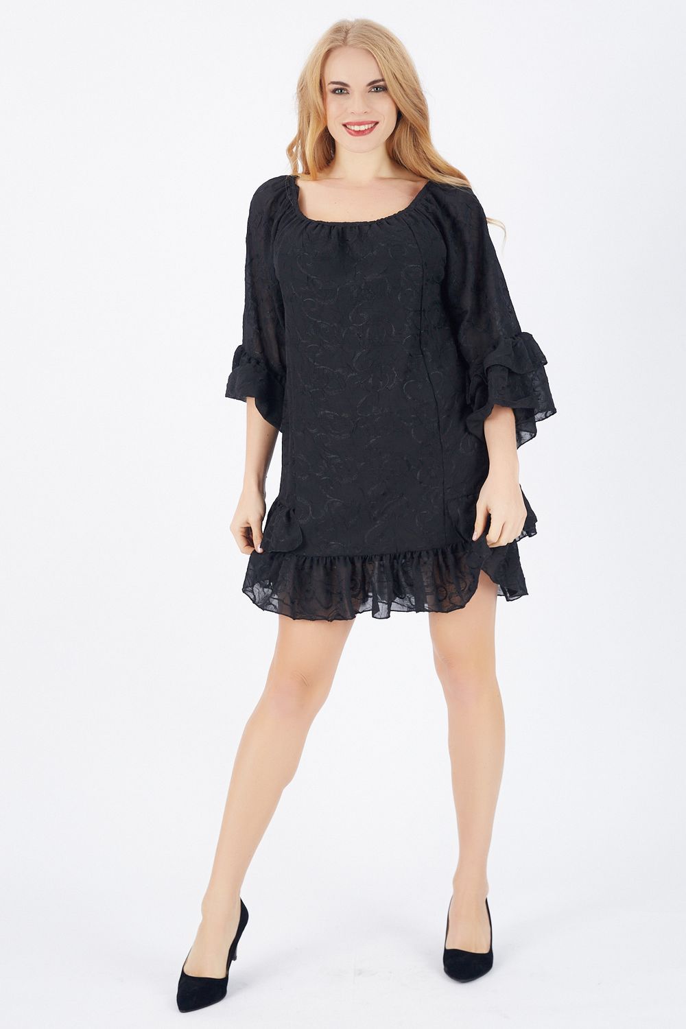 SNS Sense Black Skirt Tip 2 Layers Sleeves 2 Layers Lined Chiffon Dress - Solingen