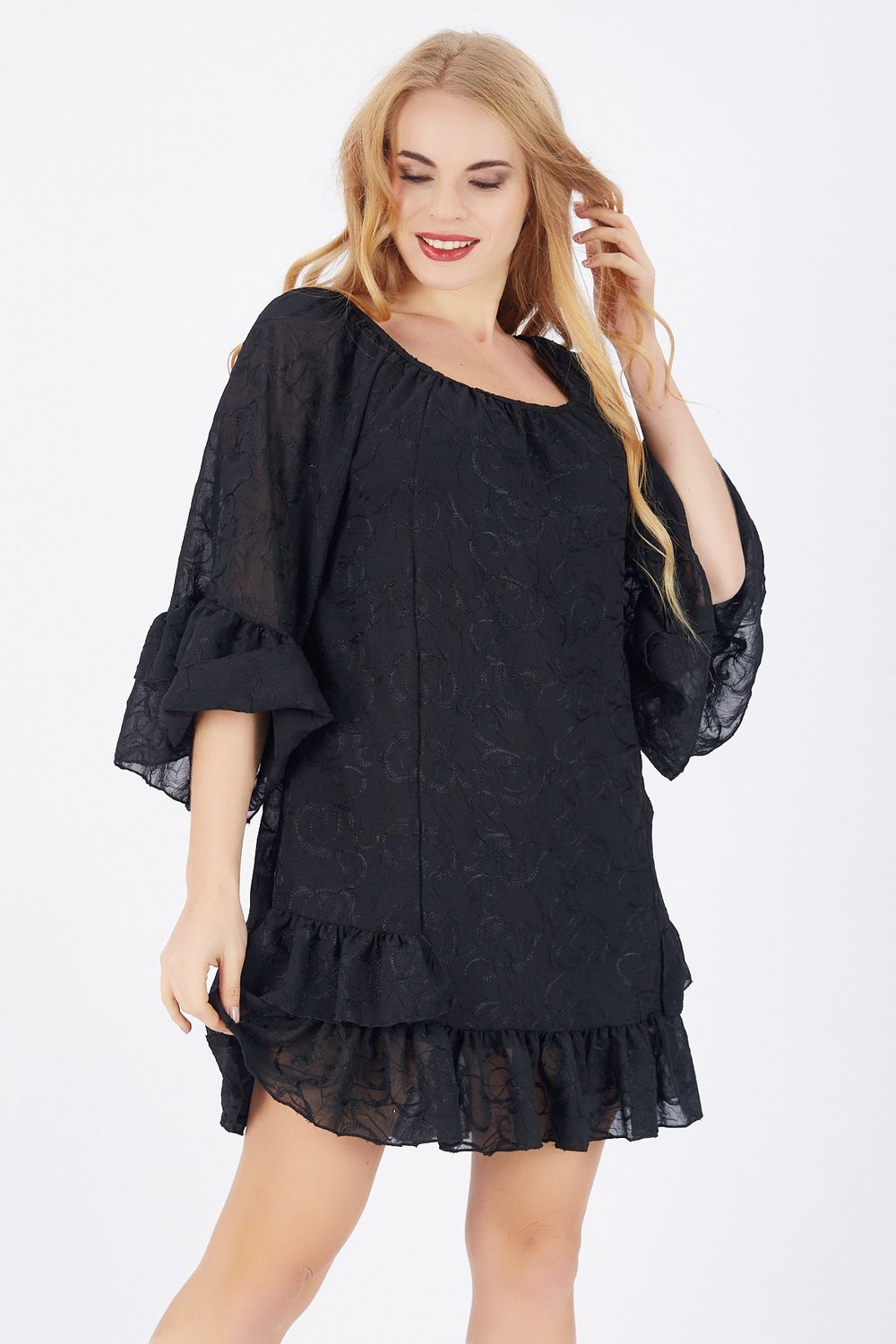 SNS Sense Black Skirt Tip 2 Layers Sleeves 2 Layers Lined Chiffon Dress - Solingen