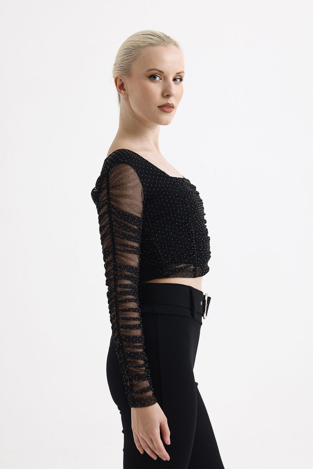 SNS Sense Black Square Neck Long Sleeve Elasticated Cuff Tulle Evening Blouse - Cesena