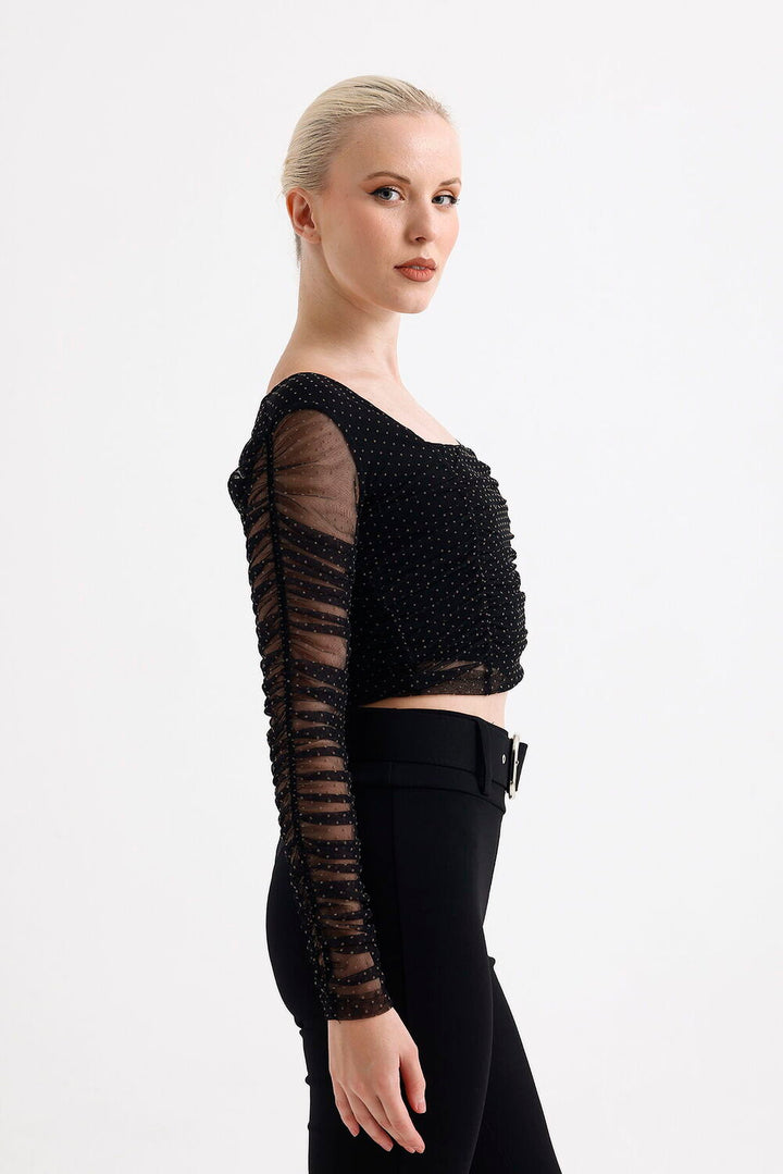 SNS Sense Black Square Neck Long Sleeve Elasticated Cuff Tulle Evening Blouse - Cesena