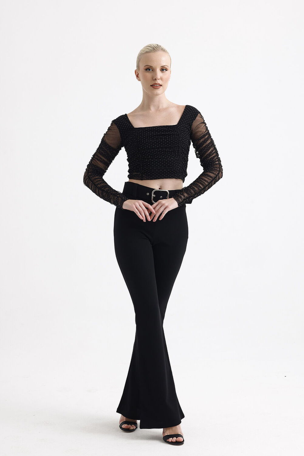 SNS Sense Black Square Neck Long Sleeve Elasticated Cuff Tulle Evening Blouse - Cesena