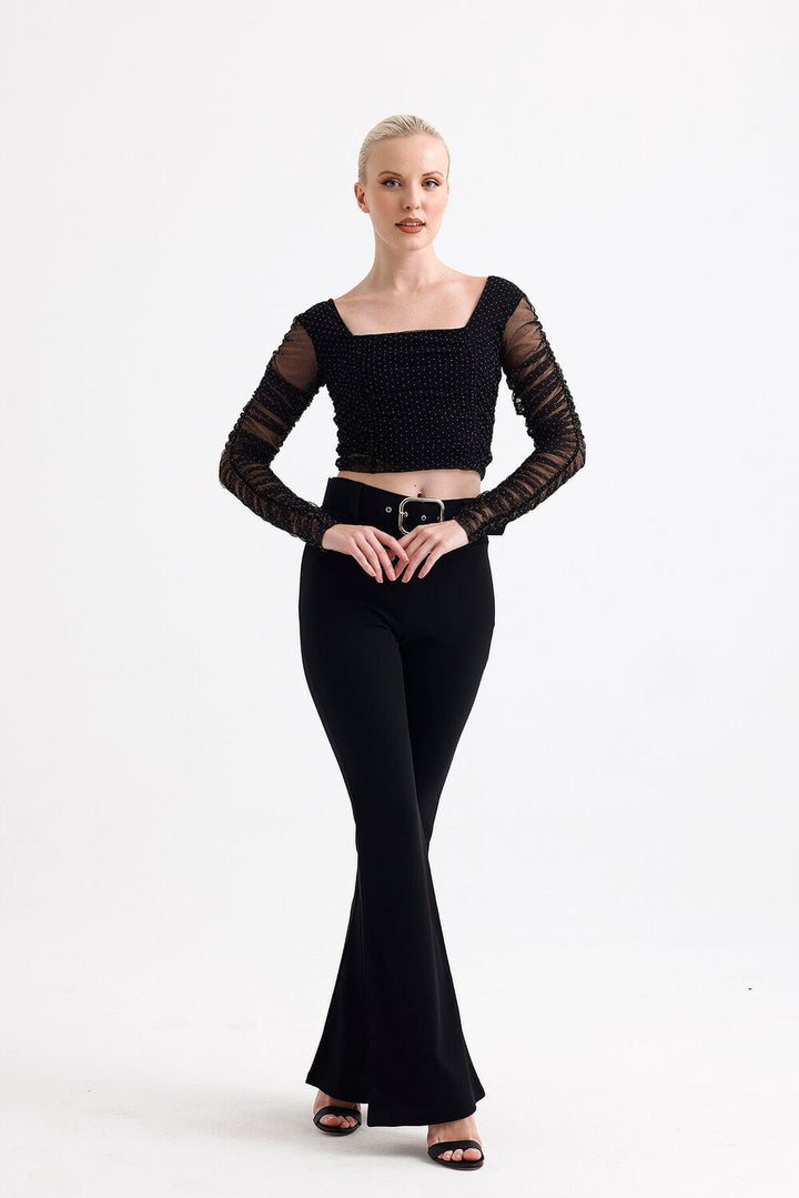 SNS Sense Black Square Neck Long Sleeve Elasticated Cuff Tulle Evening Blouse - Cesena