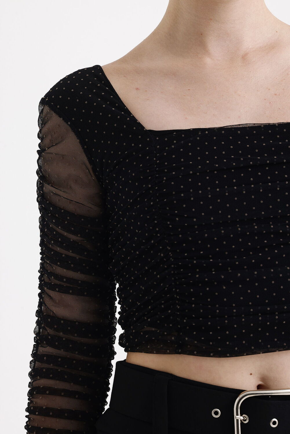 SNS Sense Black Square Neck Long Sleeve Elasticated Cuff Tulle Evening Blouse - Cesena