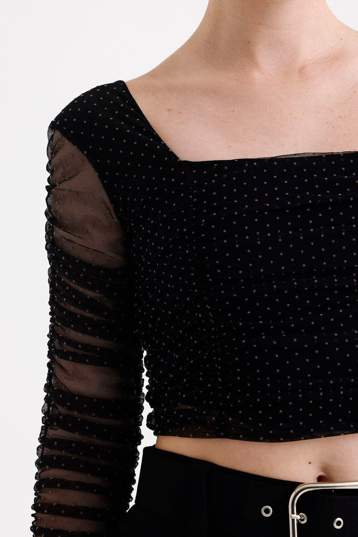 SNS Sense Black Square Neck Long Sleeve Elasticated Cuff Tulle Evening Blouse - Cesena