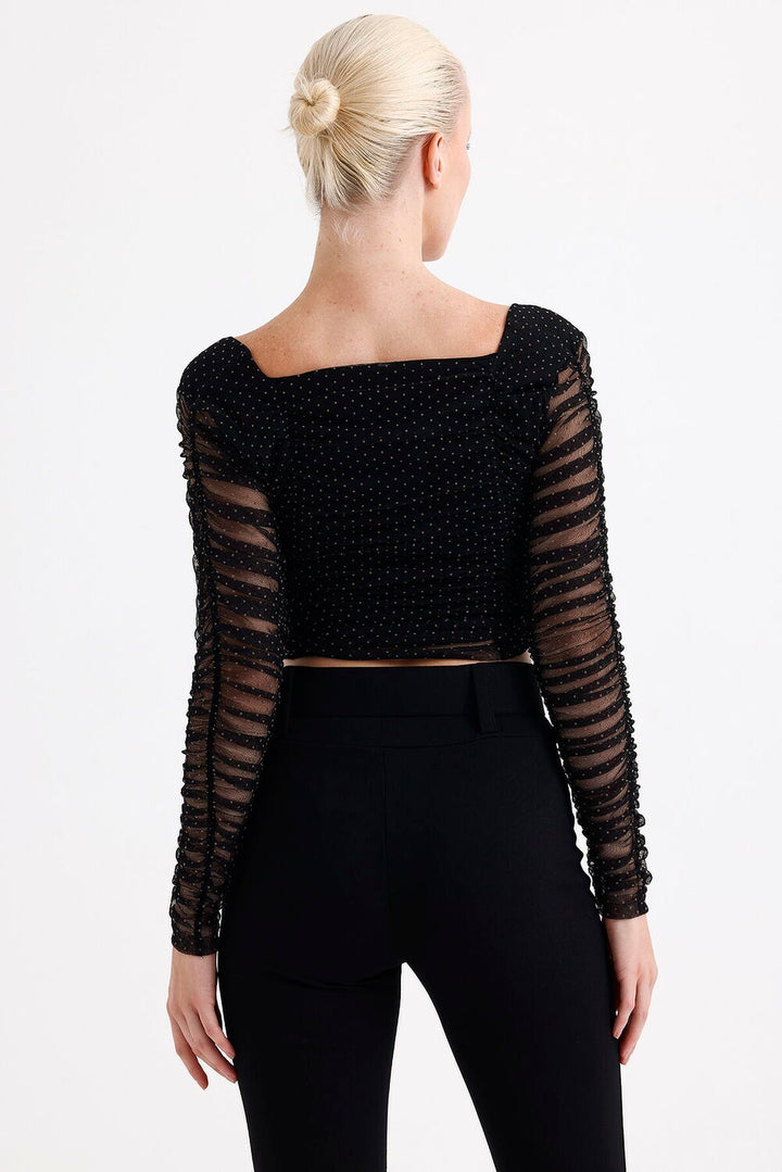 SNS Sense Black Square Neck Long Sleeve Elasticated Cuff Tulle Evening Blouse - Cesena