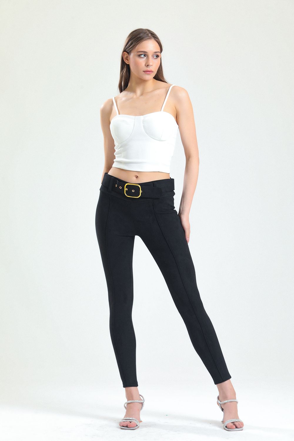 SNS Sense Black Belted Skinny Suede Leggings - Bentonville