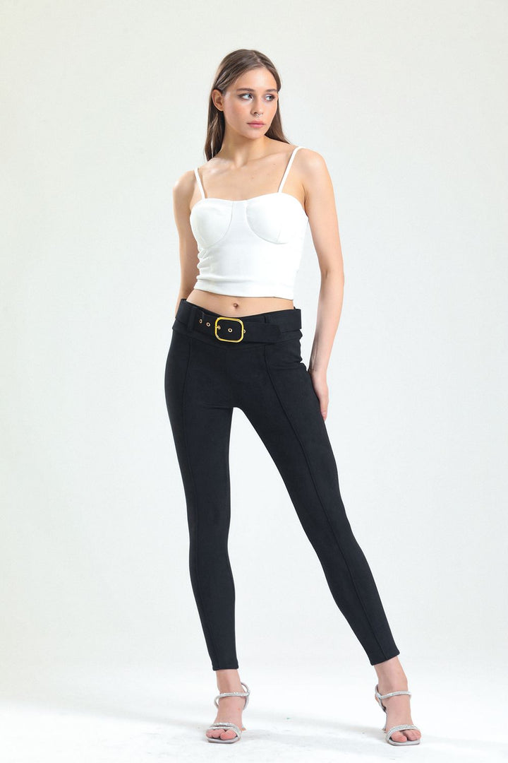 SNS Sense Black Belted Skinny Suede Leggings - Bentonville