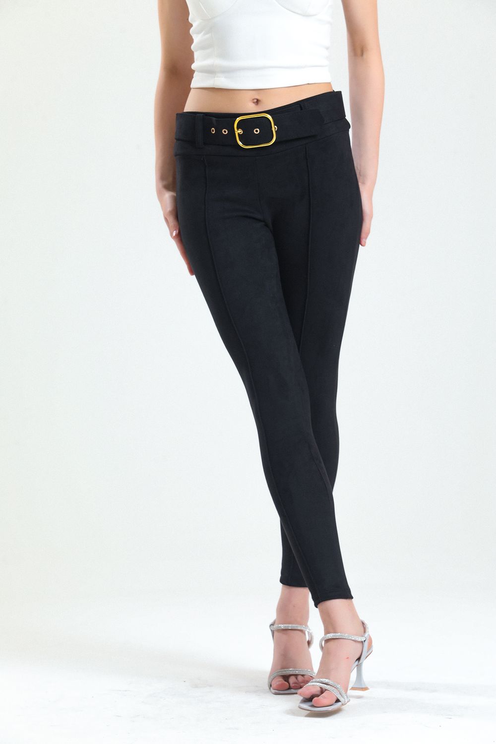SNS Sense Black Belted Skinny Suede Leggings - Bentonville