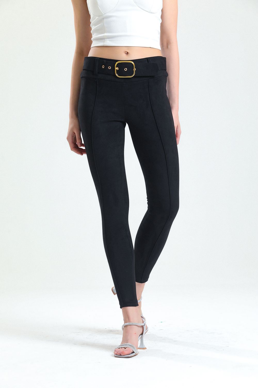 SNS Sense Black Belted Skinny Suede Leggings - Bentonville