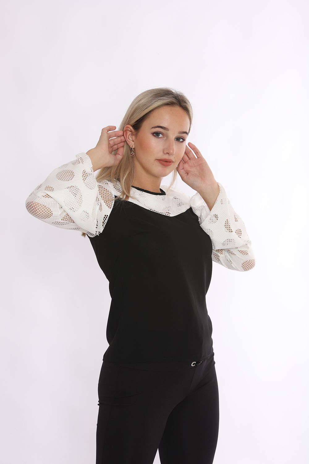 SNS Sense Black Collar and Front Lace Evening Blouse - Roermond