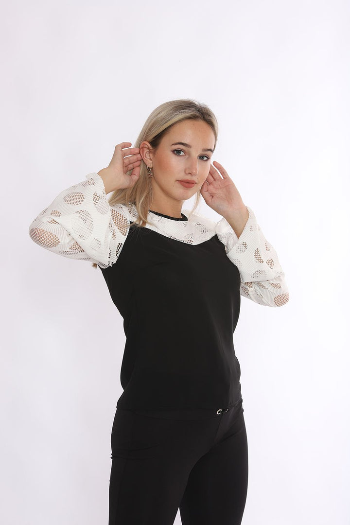 SNS Sense Black Collar and Front Lace Evening Blouse - Roermond